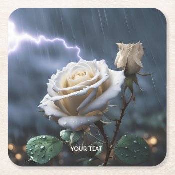 Fantasy Cute Rose Rain Lighting Square Paper Coaster by HumusInPita at Zazzle