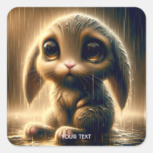 Fantasy Cute Sad Bunny Rain Square Sticker