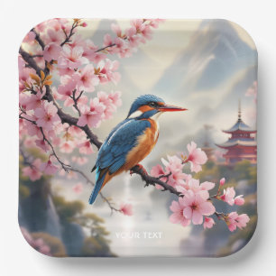 Fantasy Cute Sakura Bird Blue Paper Plates