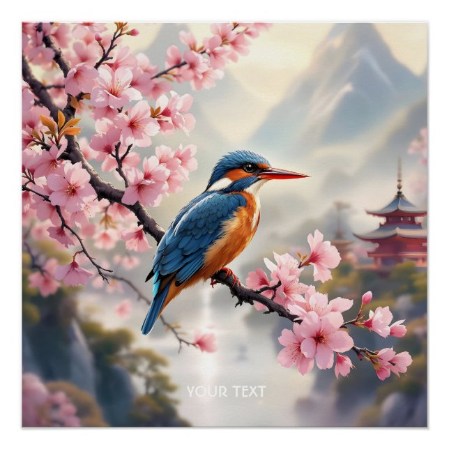 Fantasy Cute Sakura Bird Blue Poster (Front)