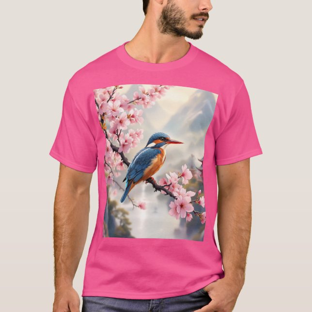Fantasy Cute Sakura Bird Blue T-Shirt (Front)