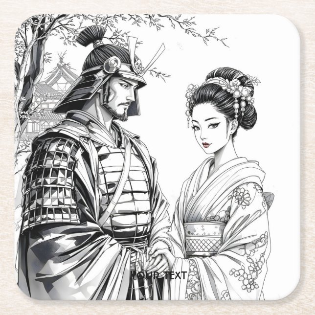 Fantasy Cute Samurai Geisha Pencil Square Paper Coaster (Front)