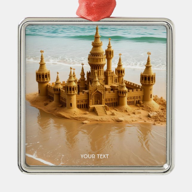 Fantasy Cute Sand Castle Beach Metal Ornament (Front)