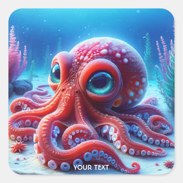 Fantasy Cute Sea Red Octopus Square Sticker (Front)