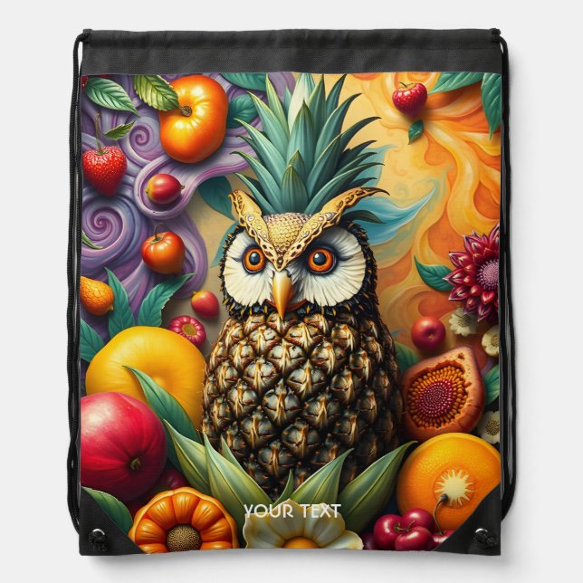 Fantasy Cute Serene Pineapple Owl Drawstring Bag (Front)