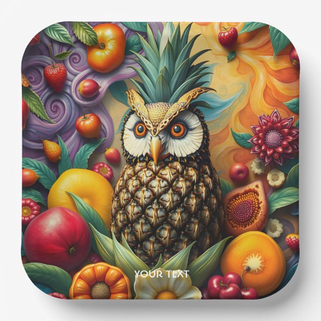 Fantasy Cute Serene Pineapple Owl Paper Plates (Front)