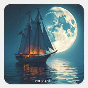 Fantasy Cute Ship Night Moon Square Sticker