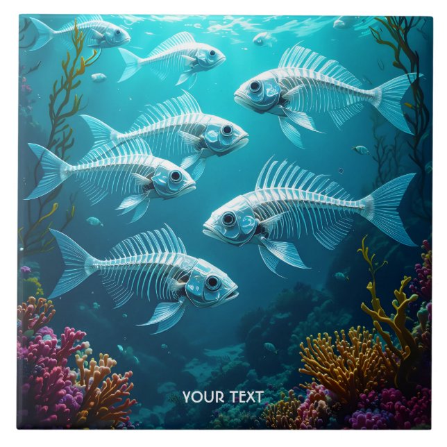 Fantasy Cute Skeleton Fish School Ceramic Tile (Front)