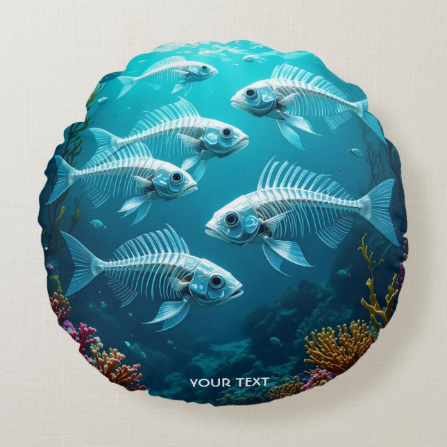 Fantasy Cute Skeleton Fish School Round Pillow (Front)