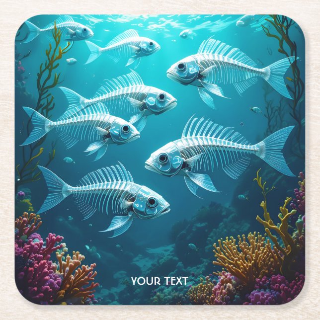 Fantasy Cute Skeleton Fish School Square Paper Coaster (Front)
