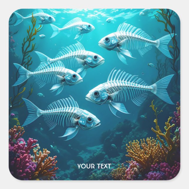 Fantasy Cute Skeleton Fish School Square Sticker (Front)