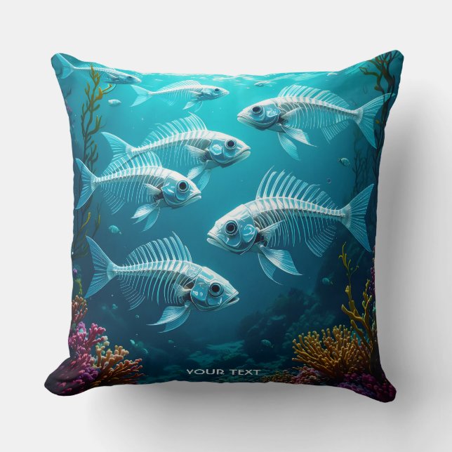 Fantasy Cute Skeleton Fish School Throw Pillow (Front)
