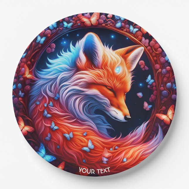 Fantasy Cute Sleeping Fox Butterflies Paper Plates (Front)