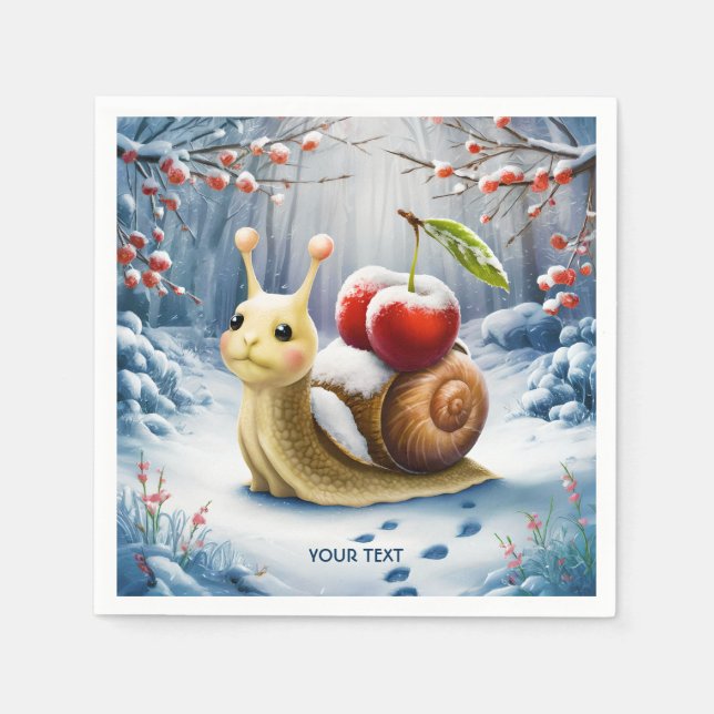 Fantasy Cute Snail Cherry Winter Napkins (Front)