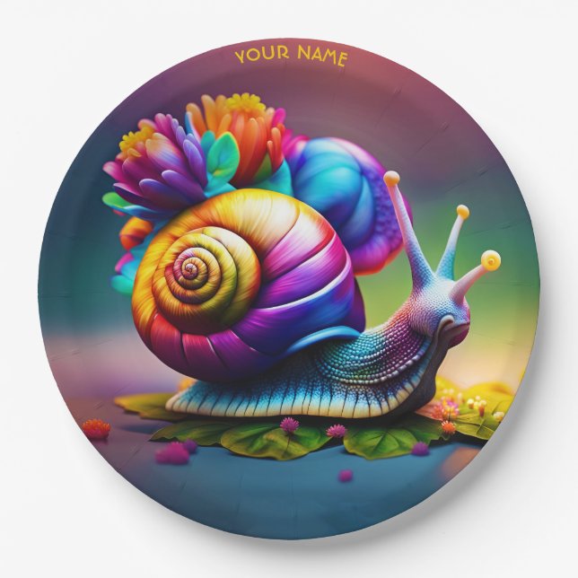 Fantasy Cute Snail With Flowers Paper Plates (Front)