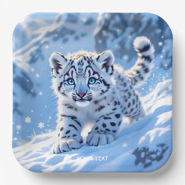 Fantasy Cute Snow Baby Leopard Paper Plates (Front)