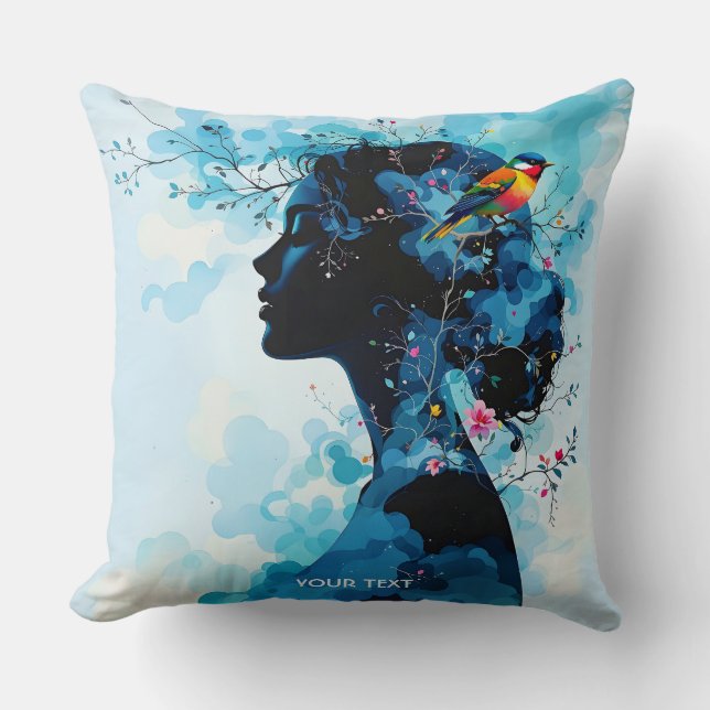 Fantasy Cute Spring Girl Bird Throw Pillow (Front)
