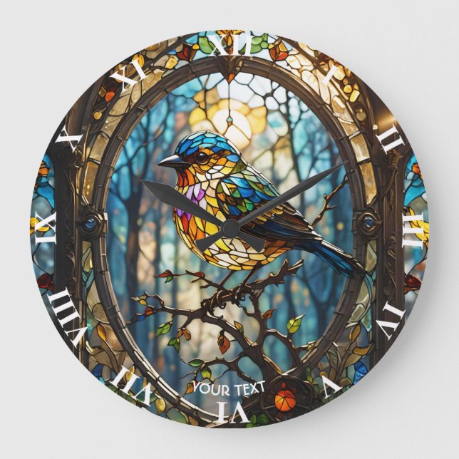 Fantasy Cute Stained Glass Bird Large Clock (Front)