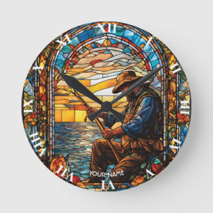 Fantasy Cute Stained Glass Fisherman Fishing Round Clock