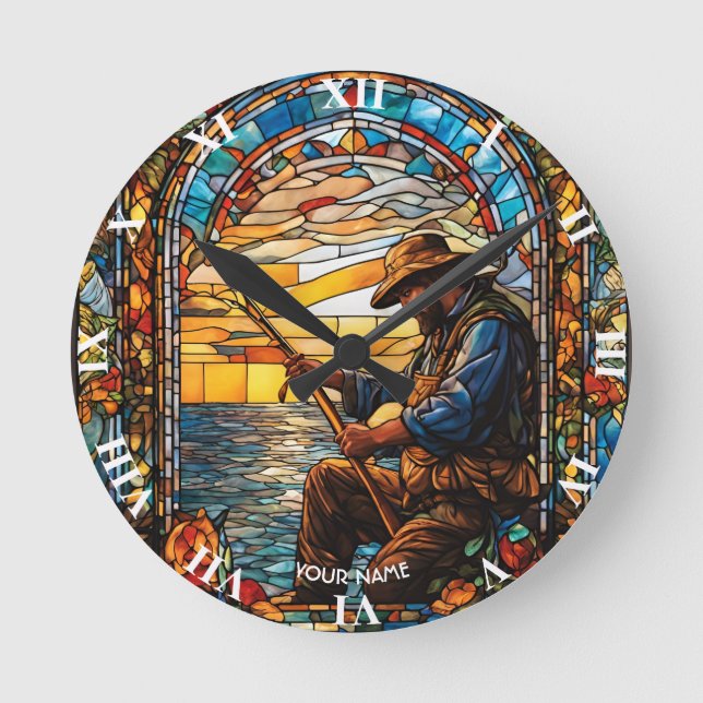 Fantasy Cute Stained Glass Fisherman Fishing Round Clock (Front)