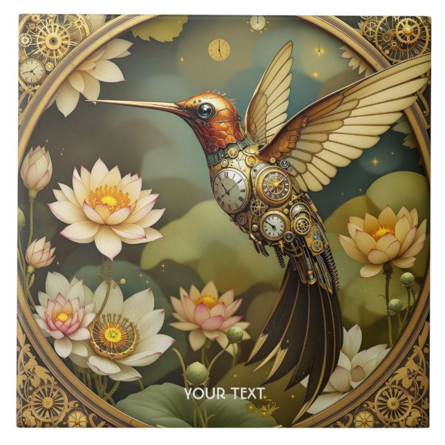 Fantasy Cute Steampunk Bird Clock Ceramic Tile (Front)