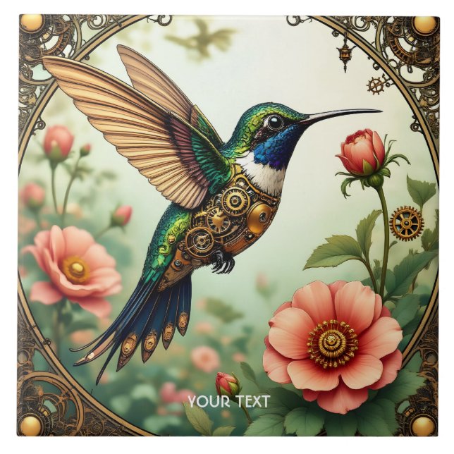 Fantasy Cute Steampunk Bird Flowers Ceramic Tile (Front)