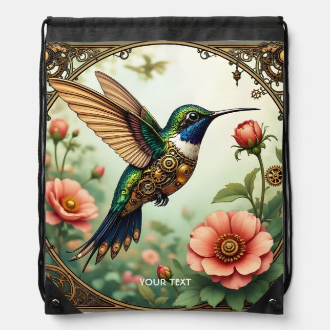 Fantasy Cute Steampunk Bird Flowers Drawstring Bag (Front)