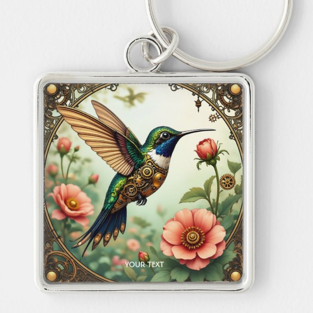 Fantasy Cute Steampunk Bird Flowers Keychain (Front)