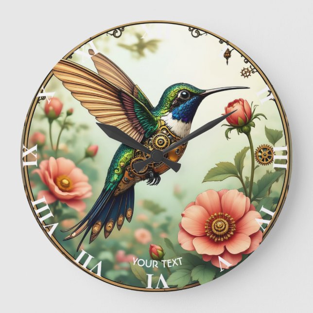 Fantasy Cute Steampunk Bird Flowers Large Clock (Front)