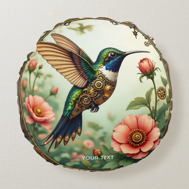 Fantasy Cute Steampunk Bird Flowers Round Pillow (Front)