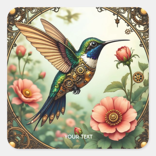 Fantasy Cute Steampunk Bird Flowers Square Sticker (Front)