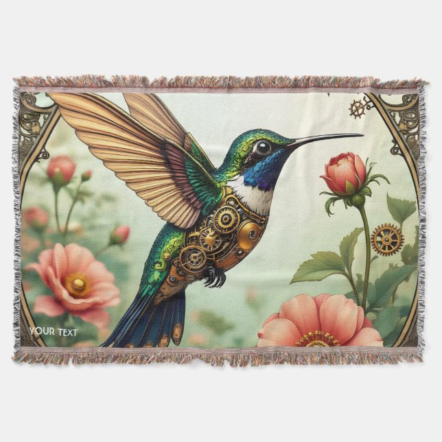 Fantasy Cute Steampunk Bird Flowers Throw Blanket (Front)