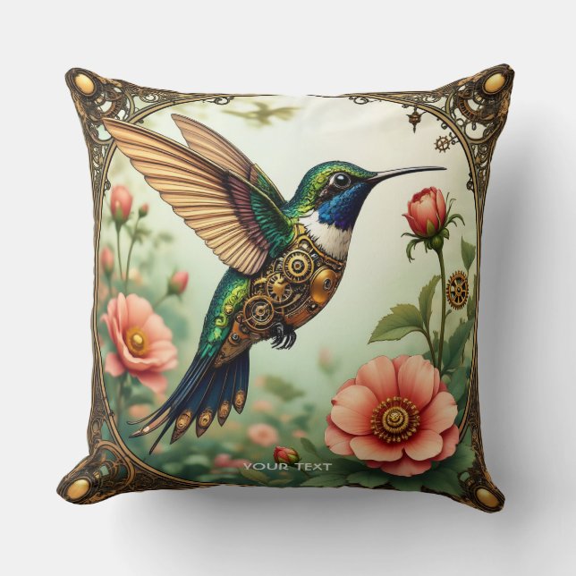 Fantasy Cute Steampunk Bird Flowers Throw Pillow (Front)