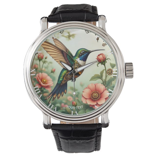 Fantasy Cute Steampunk Bird Flowers Watch (Front)