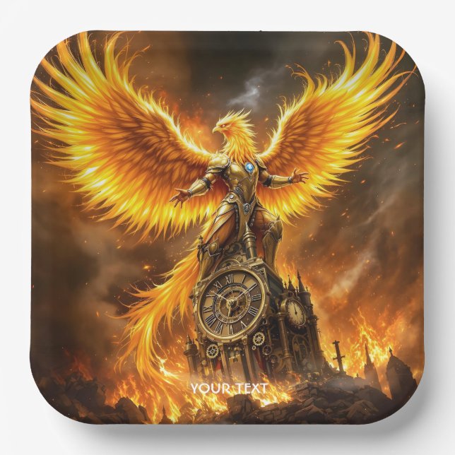 Fantasy Cute Steampunk Flames Phoenix Paper Plates (Front)