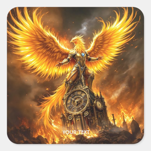 Fantasy Cute Steampunk Flames Phoenix Square Sticker (Front)