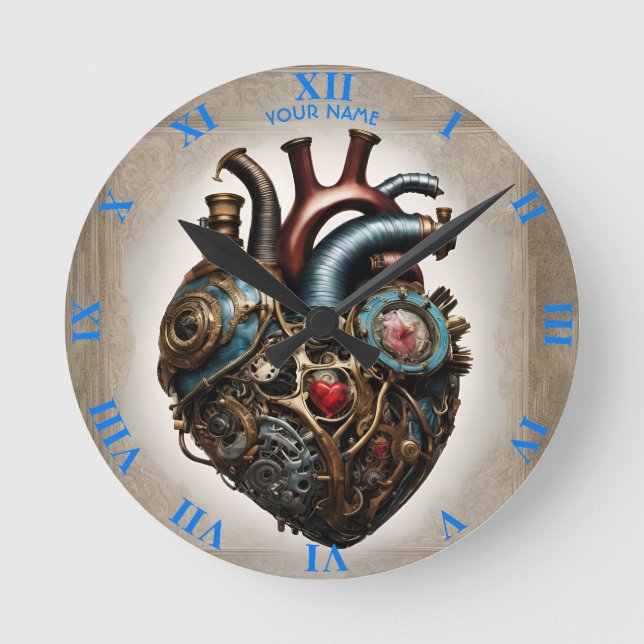 Fantasy Cute Steampunk Open Heart Round Clock (Front)