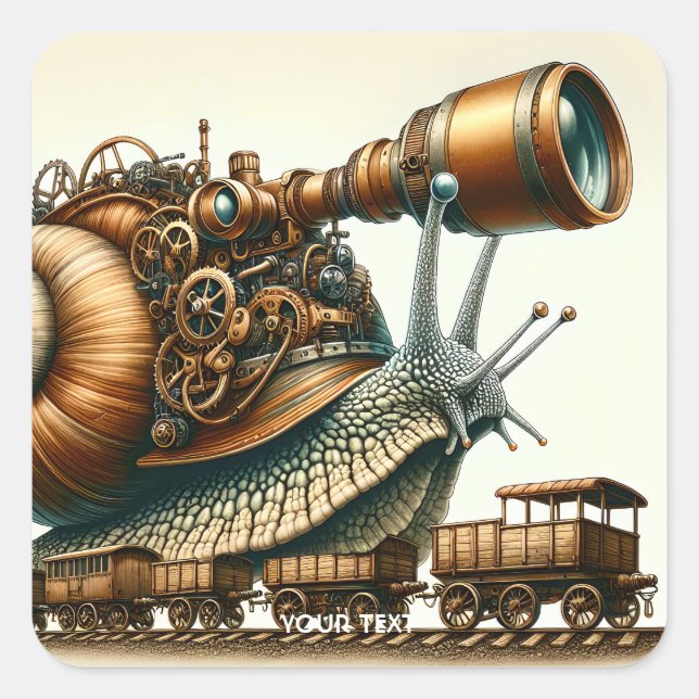 Fantasy Cute Steampunk Snail Train Square Sticker (Front)