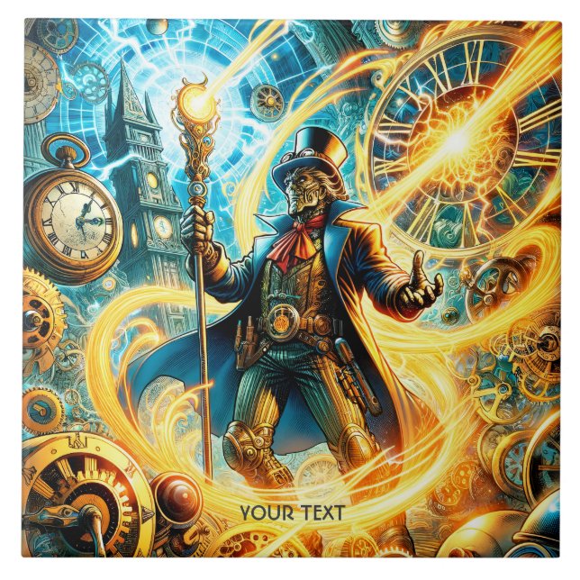 Fantasy Cute Steampunk Time Wizard Ceramic Tile (Front)