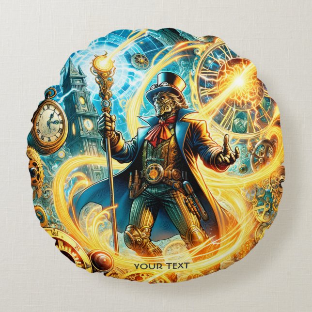 Fantasy Cute Steampunk Time Wizard Round Pillow (Front)