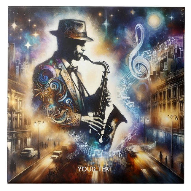 Fantasy Cute Street Musician Saxophone Ceramic Tile (Front)