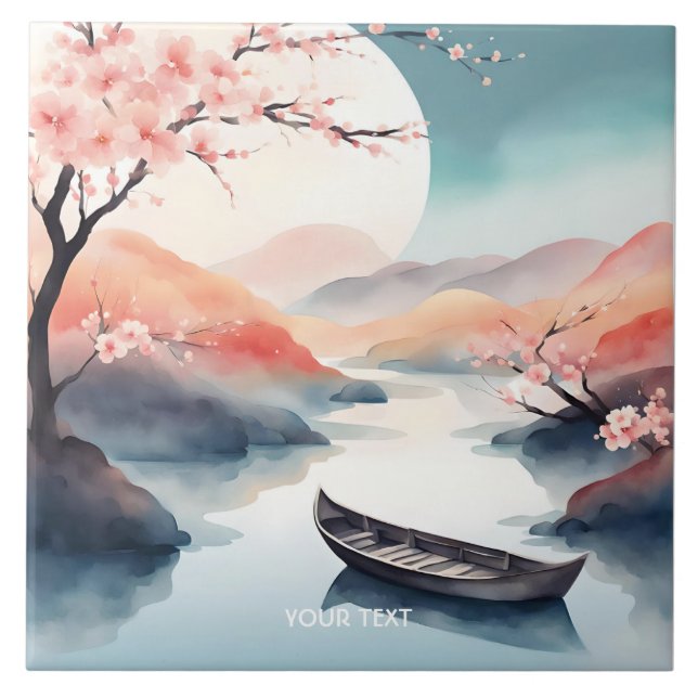 Fantasy Cute Sun Sakura Boat Ceramic Tile (Front)