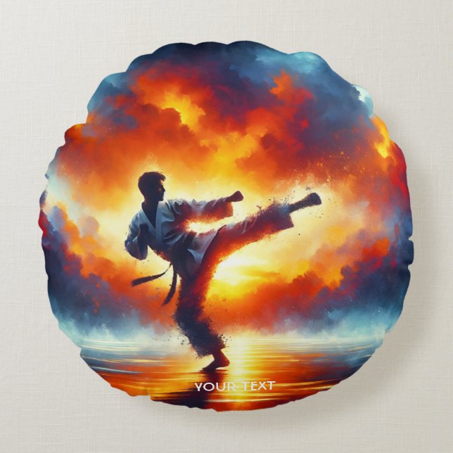 Fantasy Cute Sunset Karate Fighter Round Pillow (Front)