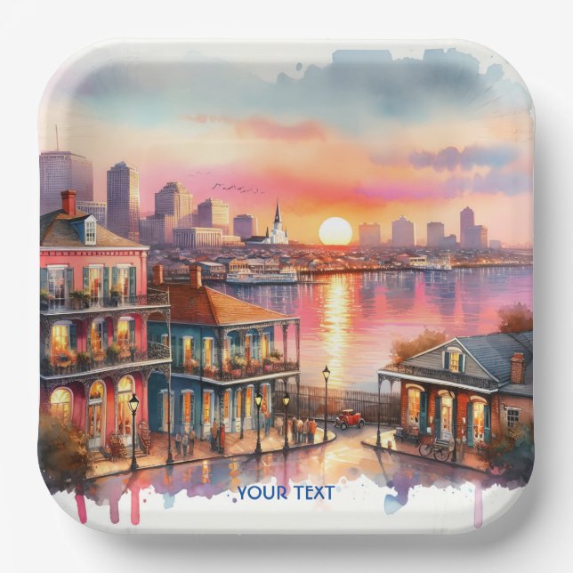 Fantasy Cute Sunset New Orleans View Paper Plates (Front)