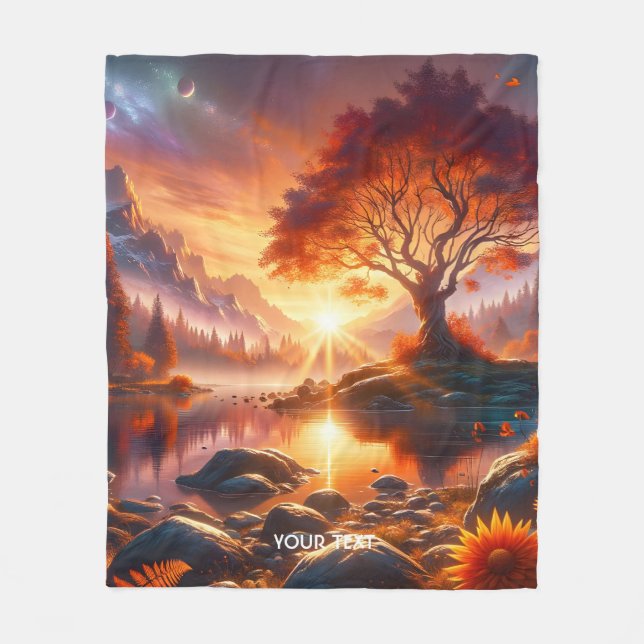Fantasy Cute Sunset Orange Tree Fleece Blanket (Front)