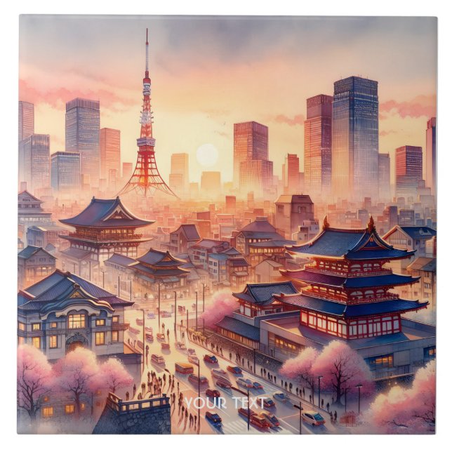Fantasy Cute Sunset Tokyo View Ceramic Tile (Front)