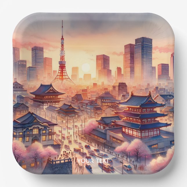 Fantasy Cute Sunset Tokyo View Paper Plates (Front)