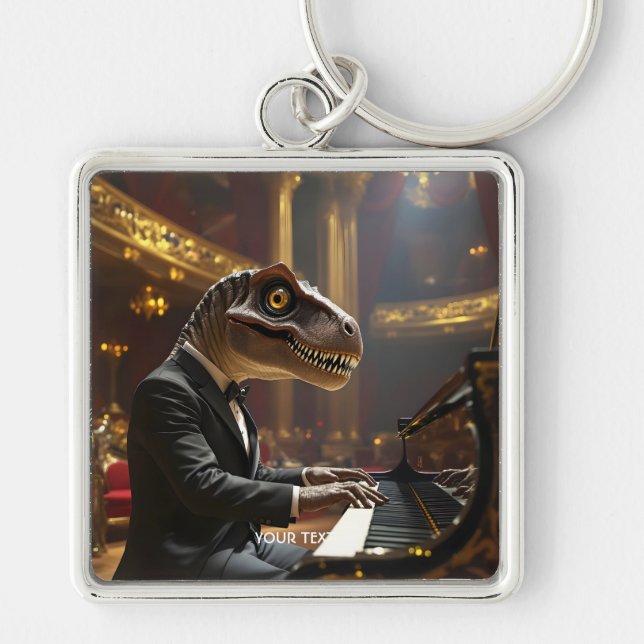 Fantasy Cute T-rex Playing Piano Keychain (Front)