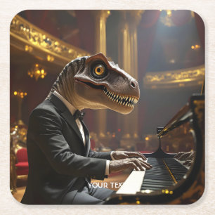 Fantasy Cute T-rex Playing Piano Square Paper Coaster