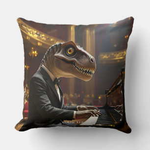 Fantasy Cute T-rex Playing Piano Throw Pillow